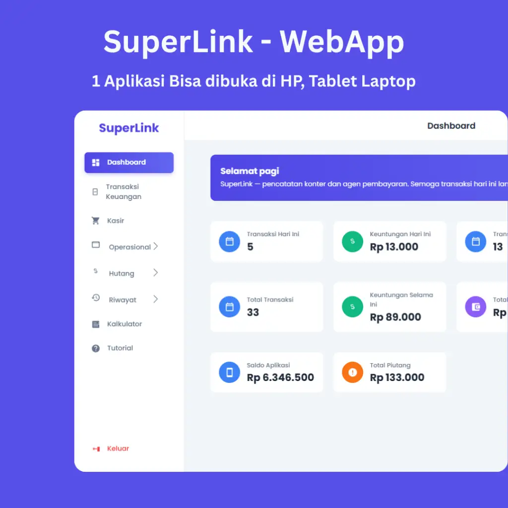 Kasir Konter (WebApp + APK Android) - Pencatatan Konter & BRI Link Sekali Beli